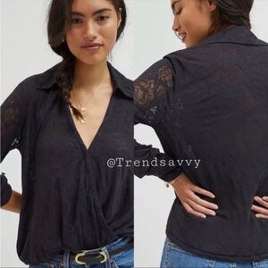 ANTHROPOLOGIE Floral Wrapped Blouse V-neck Long Sleeves Top Black Size XS NWT